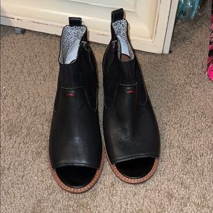 Black leather open toe wedge heel